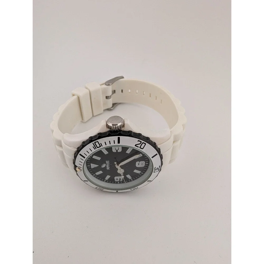 Rave Watch Men 39mm Case Rotating Bezel White Silicone‎ Band- New Battery